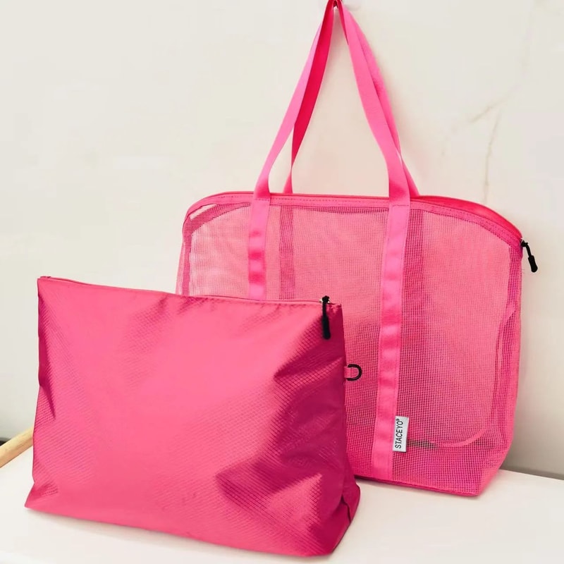 Large Mesh Beach Tote Bag With Liner Foldable Travel Zipper Shopping Bag Lightweight Luggage Carry 9