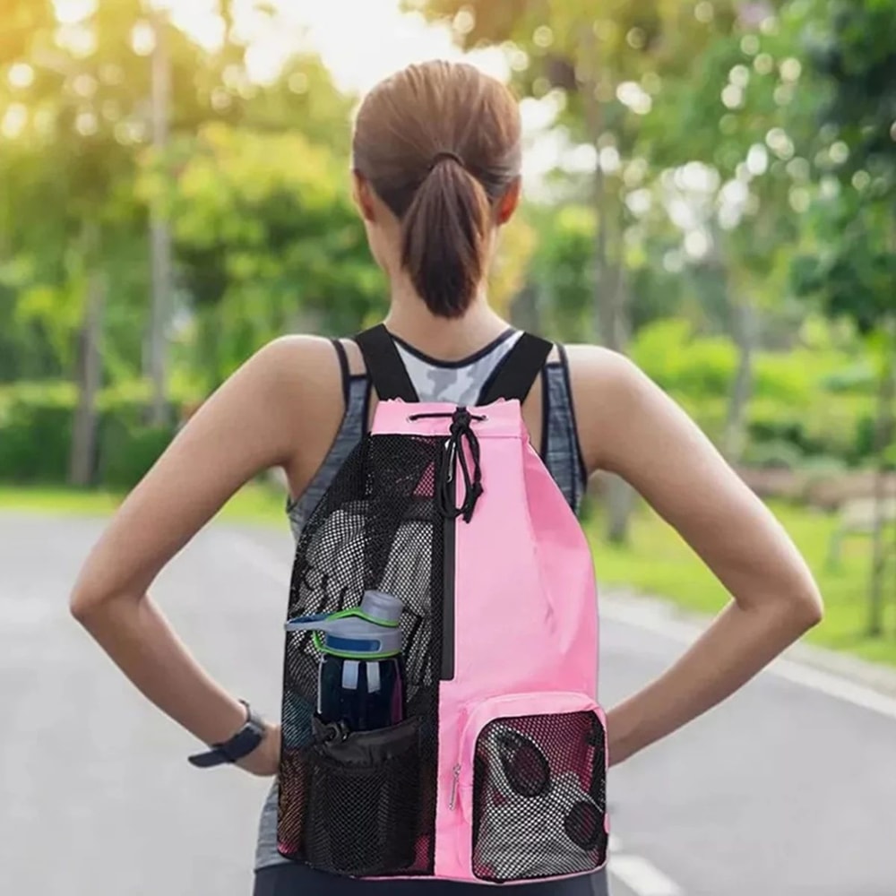 Mesh Drawstring Beach Backpack Set With Wet Bag Perforated Swimming Gym Storage Bag For Pool Yoga 0