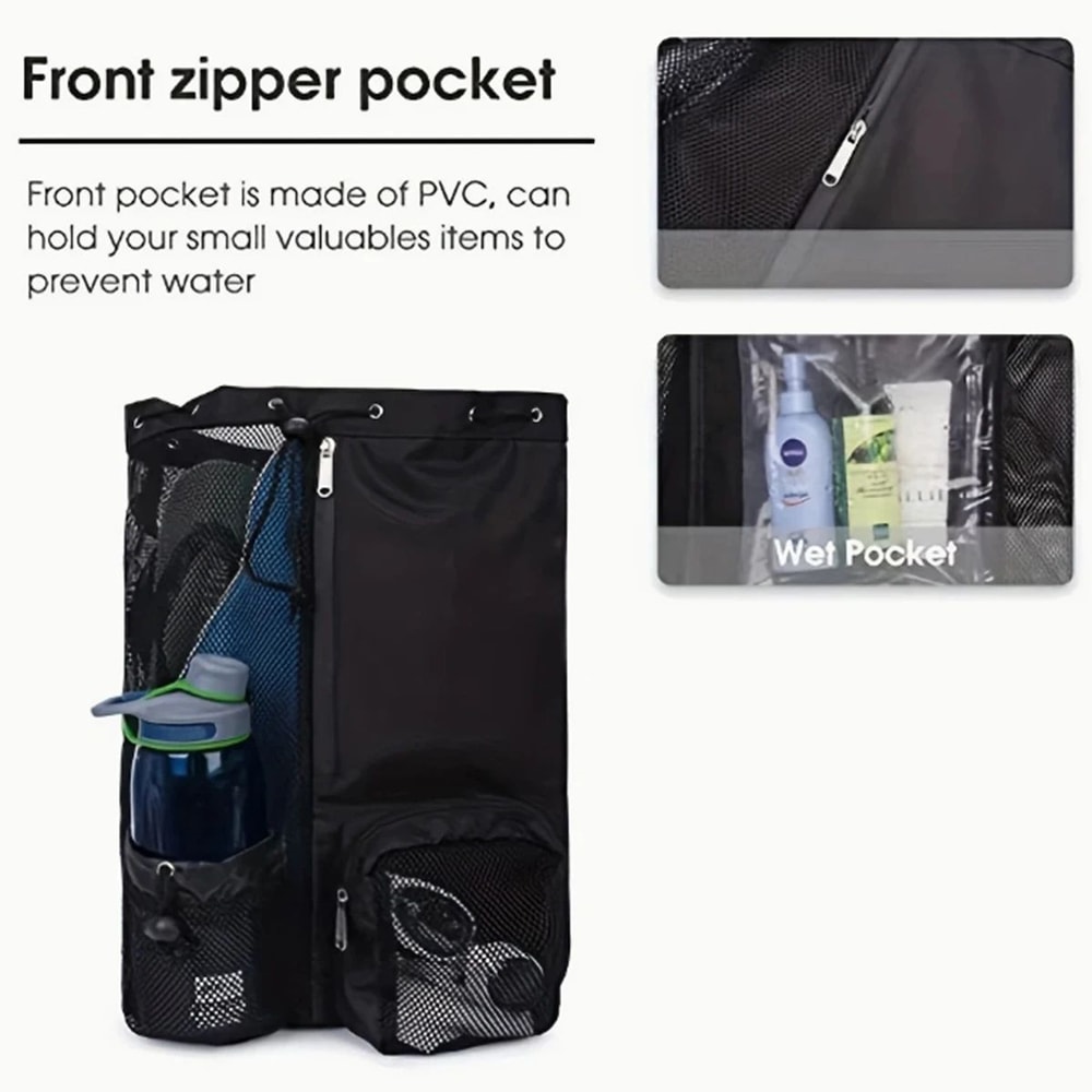 Mesh Drawstring Beach Backpack Set With Wet Bag Perforated Swimming Gym Storage Bag For Pool Yoga 1
