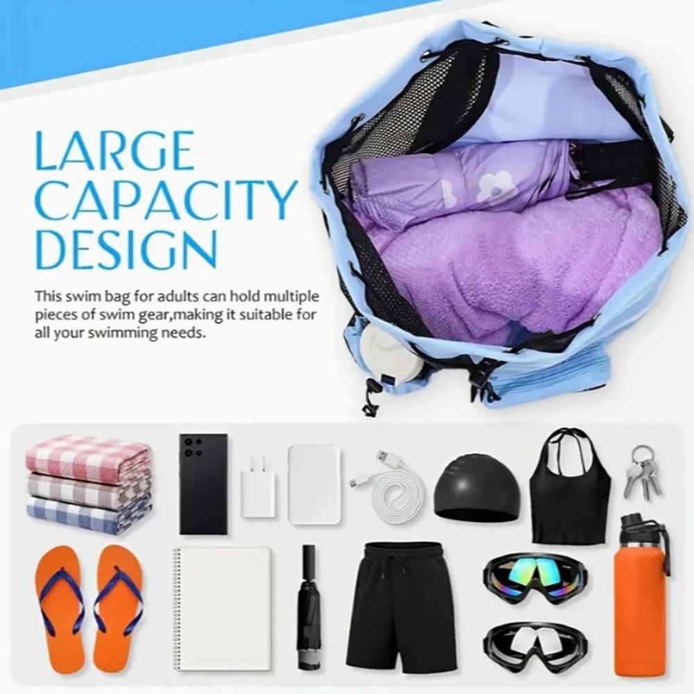 Mesh Drawstring Beach Backpack Set With Wet Bag Perforated Swimming Gym Storage Bag For Pool Yoga 4