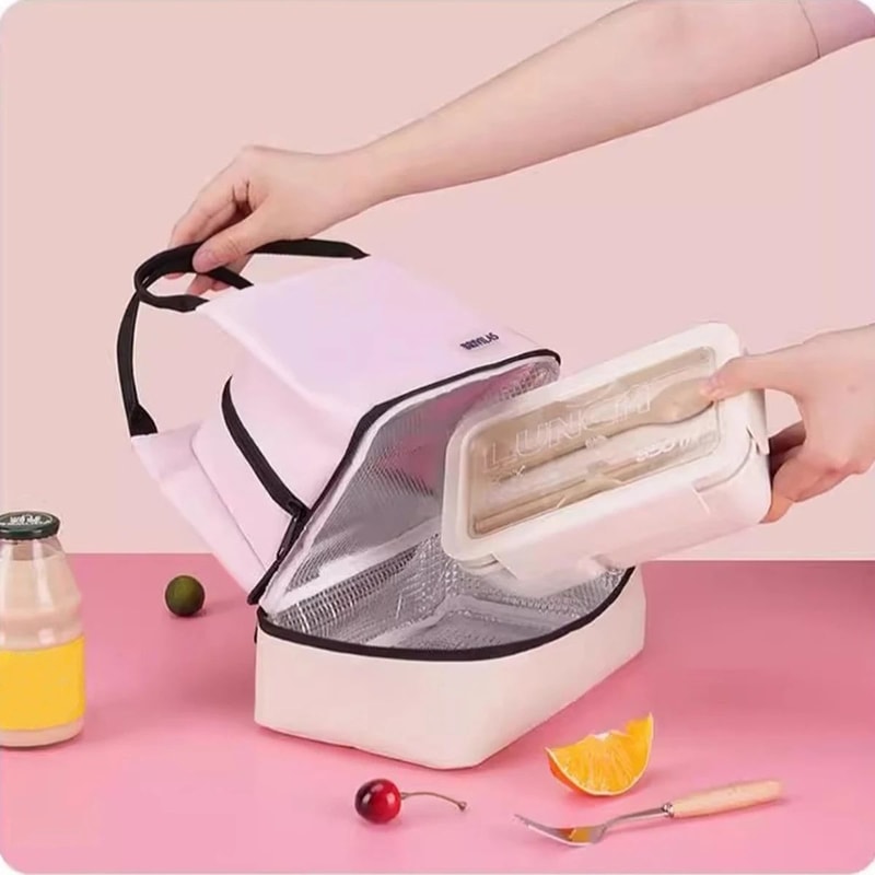 Pink DoubleLayer Insulated Lunch Bag Large Capacity Aluminum Foil Thermal Cooler Tote Portable Ice 0