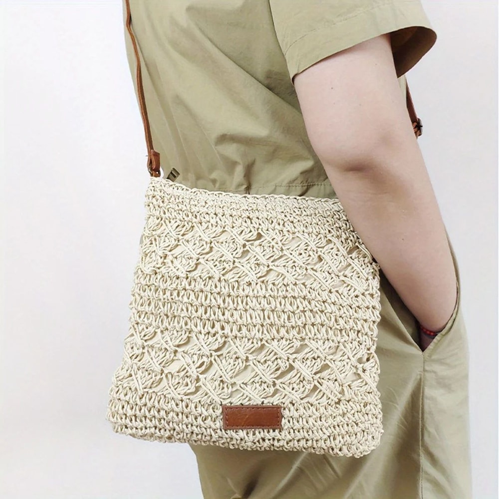Handwoven Straw Crossbody Beach Bag HollowOut Summer Woven Shoulder Purse Lightweight Vacation Tot 0