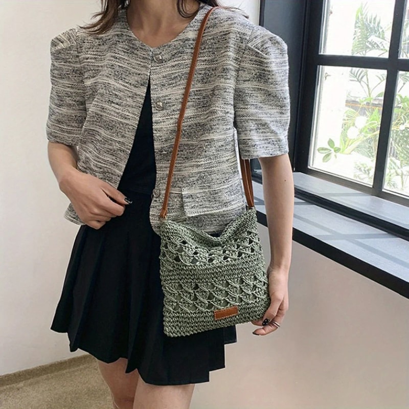 Handwoven Straw Crossbody Beach Bag HollowOut Summer Woven Shoulder Purse Lightweight Vacation Tot 3