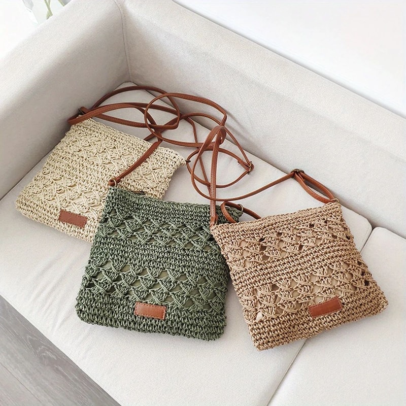 Handwoven Straw Crossbody Beach Bag HollowOut Summer Woven Shoulder Purse Lightweight Vacation Tot 4