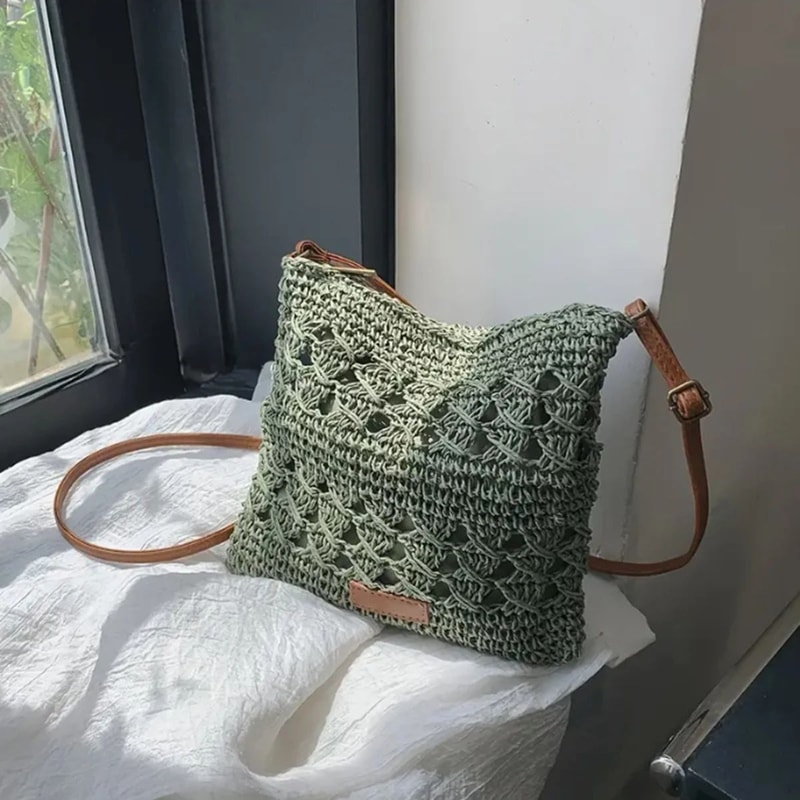 Handwoven Straw Crossbody Beach Bag HollowOut Summer Woven Shoulder Purse Lightweight Vacation Tot 7