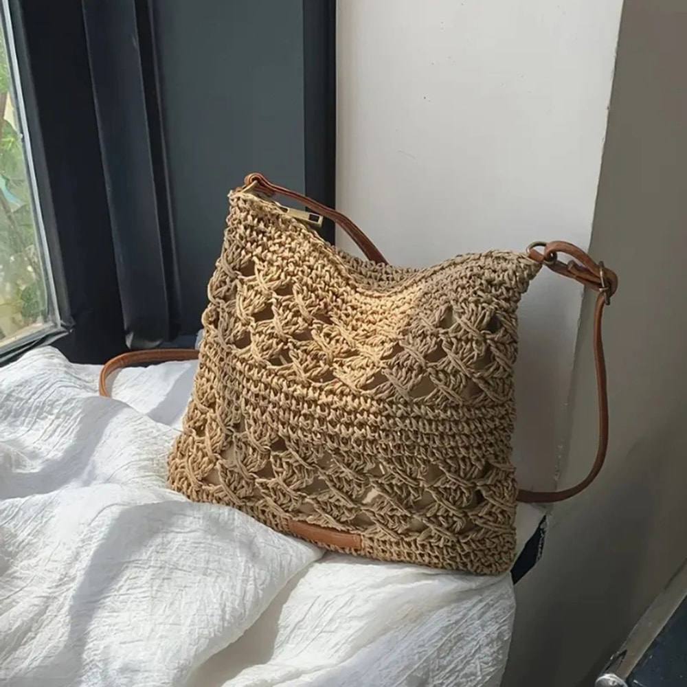 Handwoven Straw Crossbody Beach Bag HollowOut Summer Woven Shoulder Purse Lightweight Vacation Tot 8