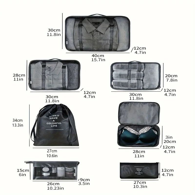 7 Pcs Travel Packing Cubes Set Luggage Organizer Bags For Clothes Underwear Shoes Lightweight Sui 1