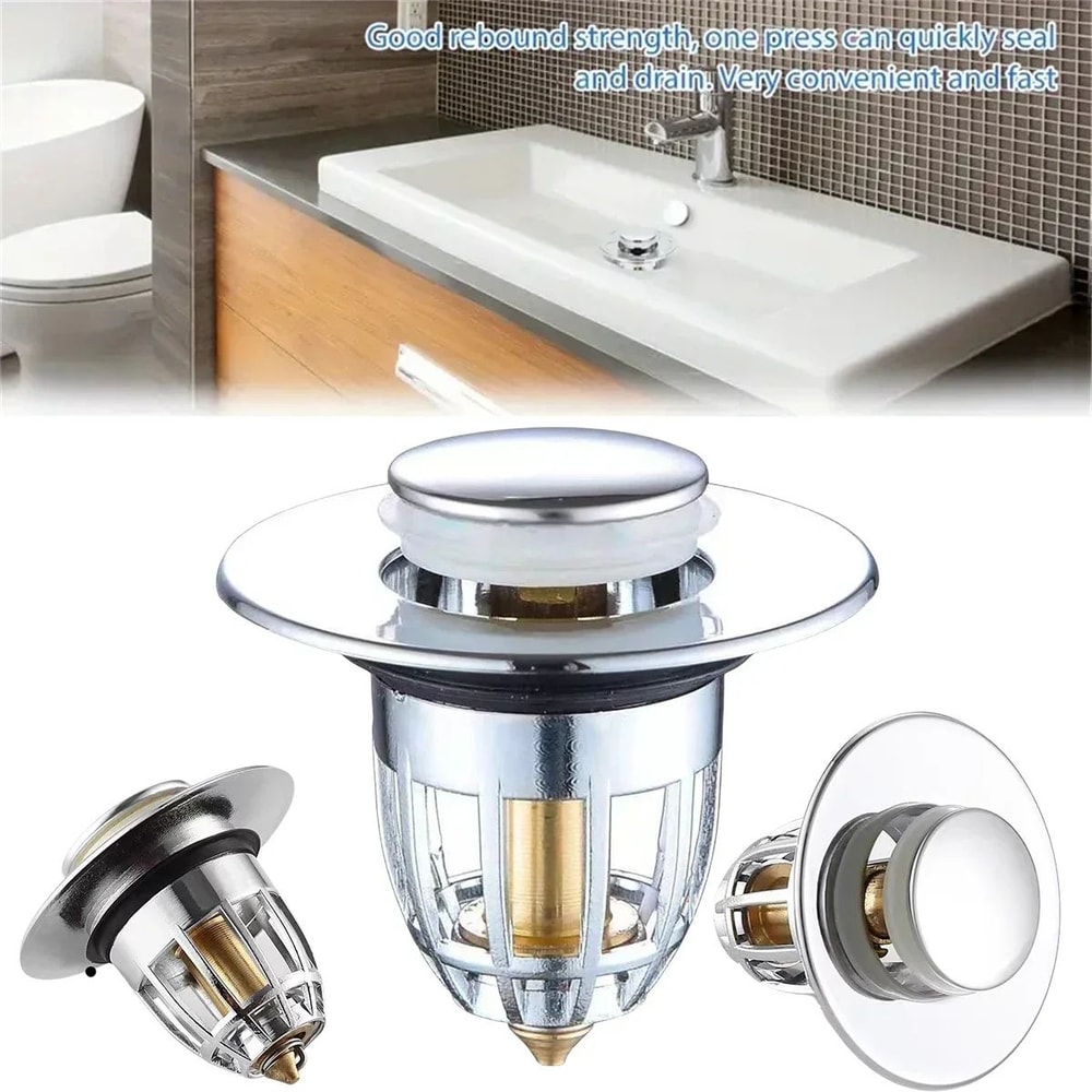 Universal PopUp Sink Drain Stopper With Hair Catcher Chrome Rebound Basin Plug Filter For Bathroom 1