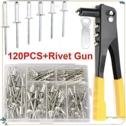 heavy duty pop rivet gun kit with 120pcs blind rivets – manual hand riveter set for metal, automotive and construction
