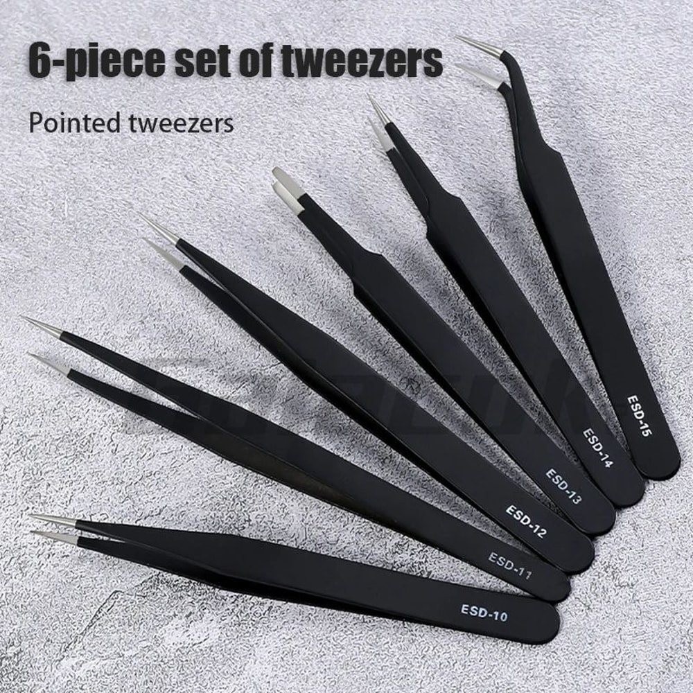 6 Pcs Antistatic Stainless Steel Tweezers Set Curved Straight Tips For Electronics Repair Model 2
