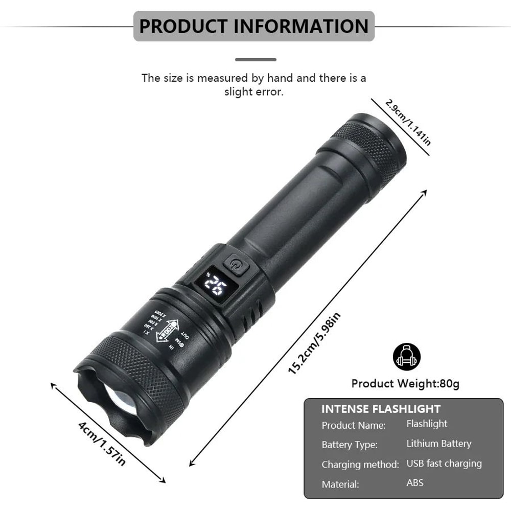 2000LM Tactical LED Flashlight With Power Display USB Rechargeable Zoom Torch For Camping Fishing 1