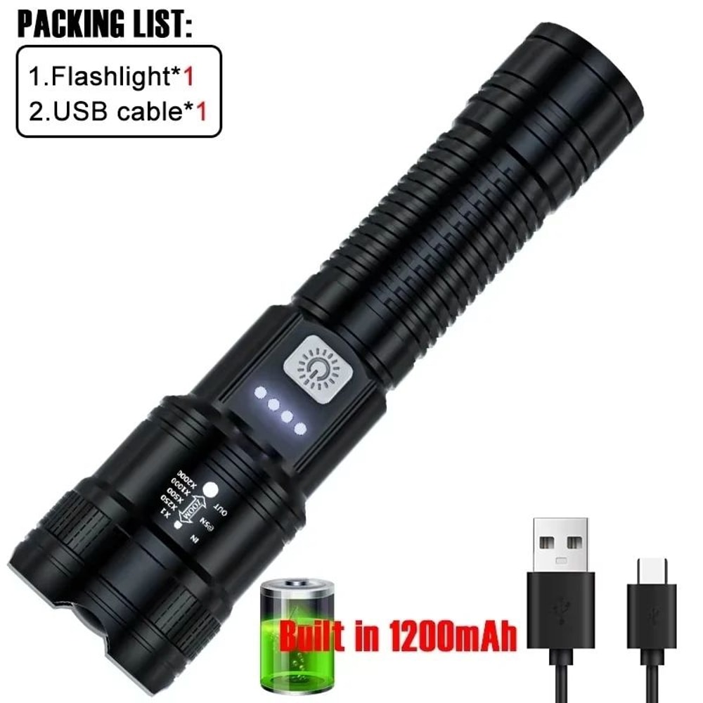 2000LM Tactical LED Flashlight With Power Display USB Rechargeable Zoom Torch For Camping Fishing 8