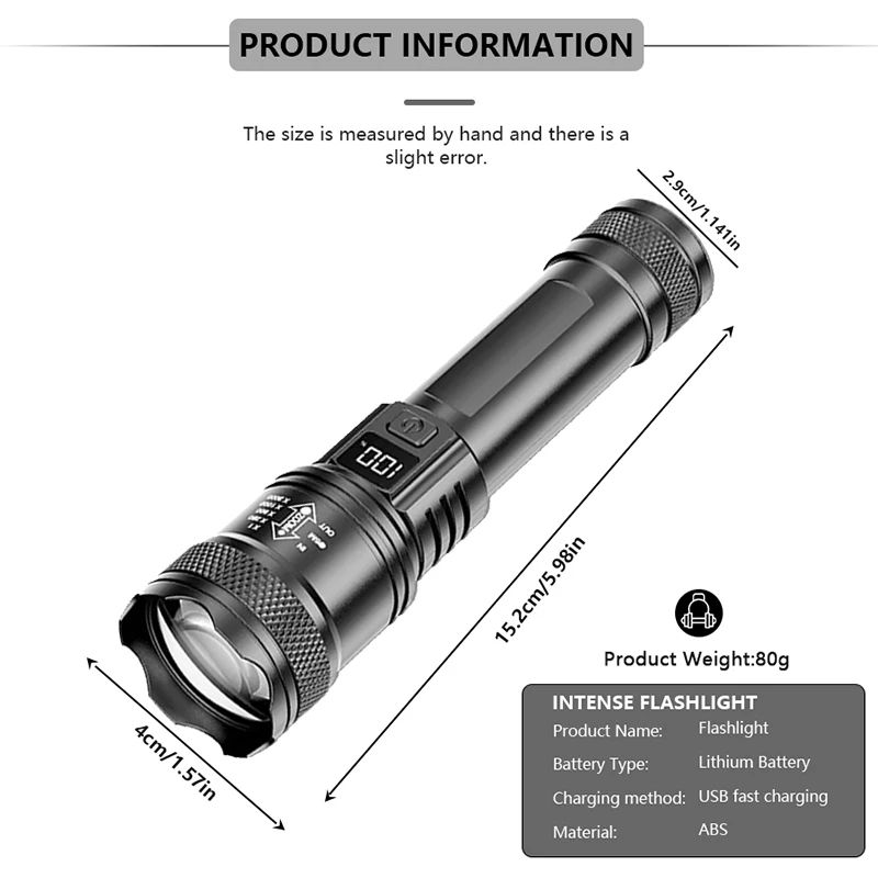 Rechargeable Zoomable LED Flashlight With LCD Power Display Waterproof High Power Torch For Camping 5