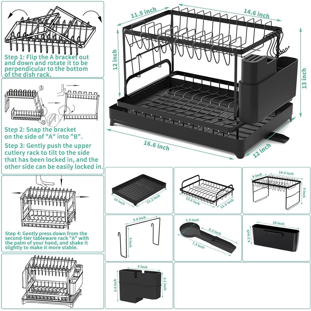 2Tier Countertop Dish Drying Rack With Drip Tray Metal Dish Drainer Organizer For Plates Bowls Cup