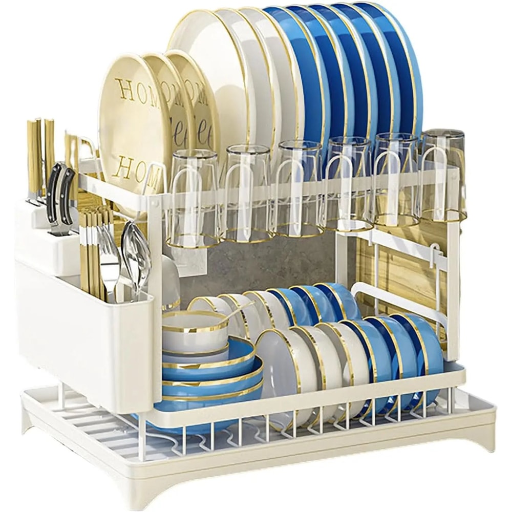 2Tier Countertop Dish Drying Rack With Drip Tray Metal Dish Drainer Organizer For Plates Bowls Cup