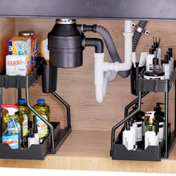 under sink storage organizer with dual slide drawers –pull-out cabinet shelf rack for kitchen & bathroom cleaning supply