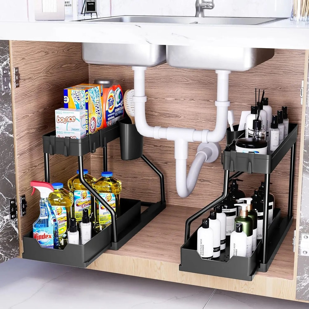 Under Sink Storage Organizer With Dual Slide Drawers PullOut Cabinet Shelf Rack For Kitchen Bathro 1