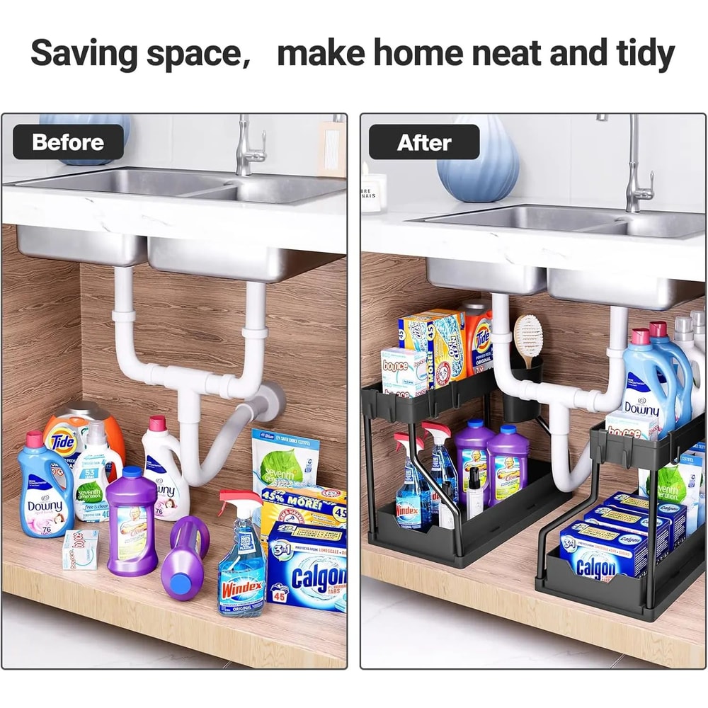 Under Sink Storage Organizer With Dual Slide Drawers PullOut Cabinet Shelf Rack For Kitchen Bathro 3