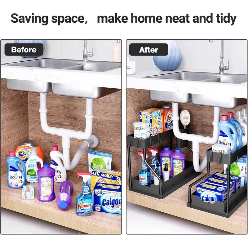 Under Sink Storage Organizer With Dual Slide Drawers PullOut Cabinet Shelf Rack For Kitchen Bathro 3