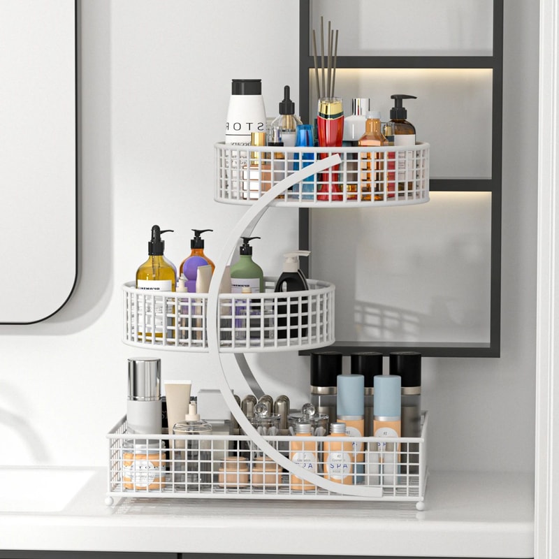 3Tier Round Metal Storage Rack No Assembly Fruit Basket Cosmetic Organizer For Kitchen Countertop 3