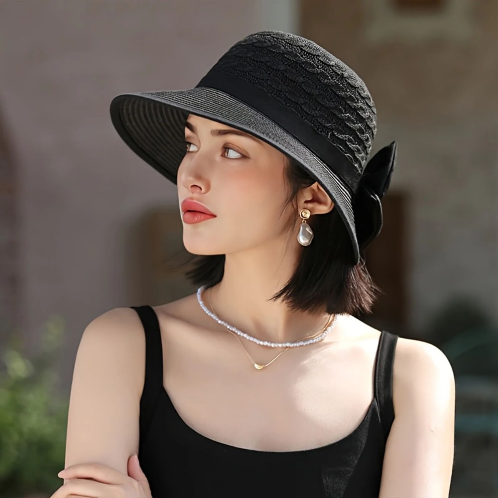 Summer Beach Straw Sun Hat With French Bowknot Breathable Elegant Wide Brim Hat For Travel Outdoor 1