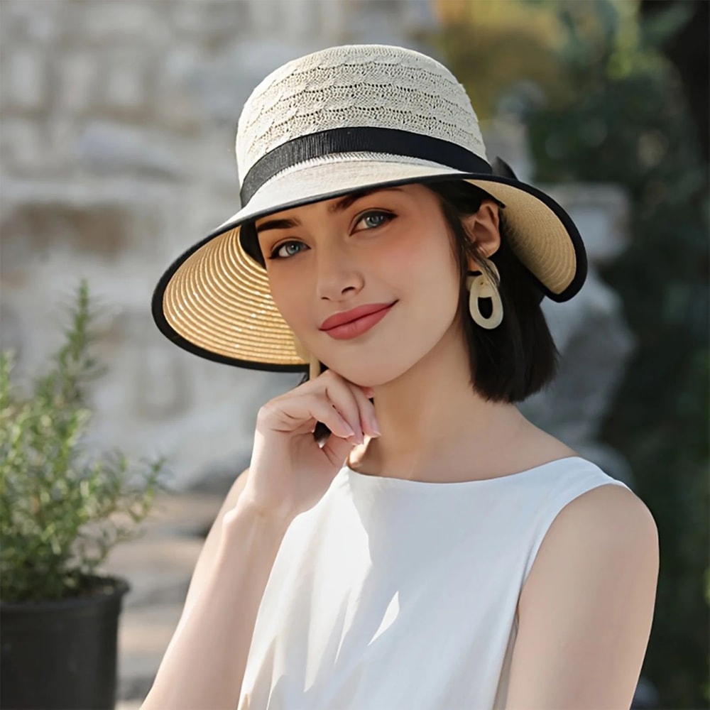 Summer Beach Straw Sun Hat With French Bowknot Breathable Elegant Wide Brim Hat For Travel Outdoor 2