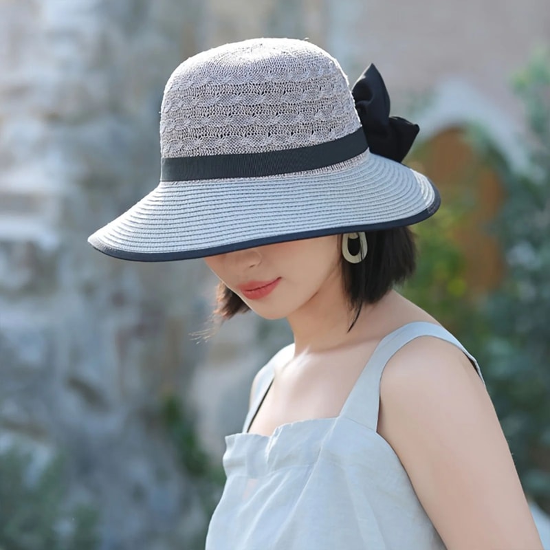 Summer Beach Straw Sun Hat With French Bowknot Breathable Elegant Wide Brim Hat For Travel Outdoor 4