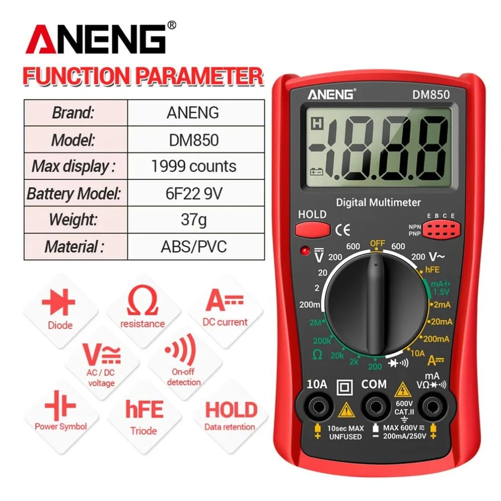 AutoRanging Digital Multimeter 1999 Count ACDC Voltage Tester Ohm Current Ammeter For Home Auto El 2
