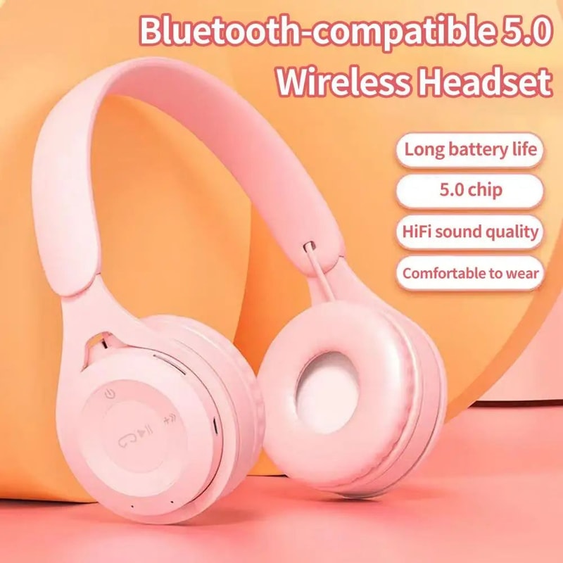 Cute Bluetooth 50 Wireless Headphones With Noise Reduction Stereo Gaming Sports Headset Builtin Mic 0