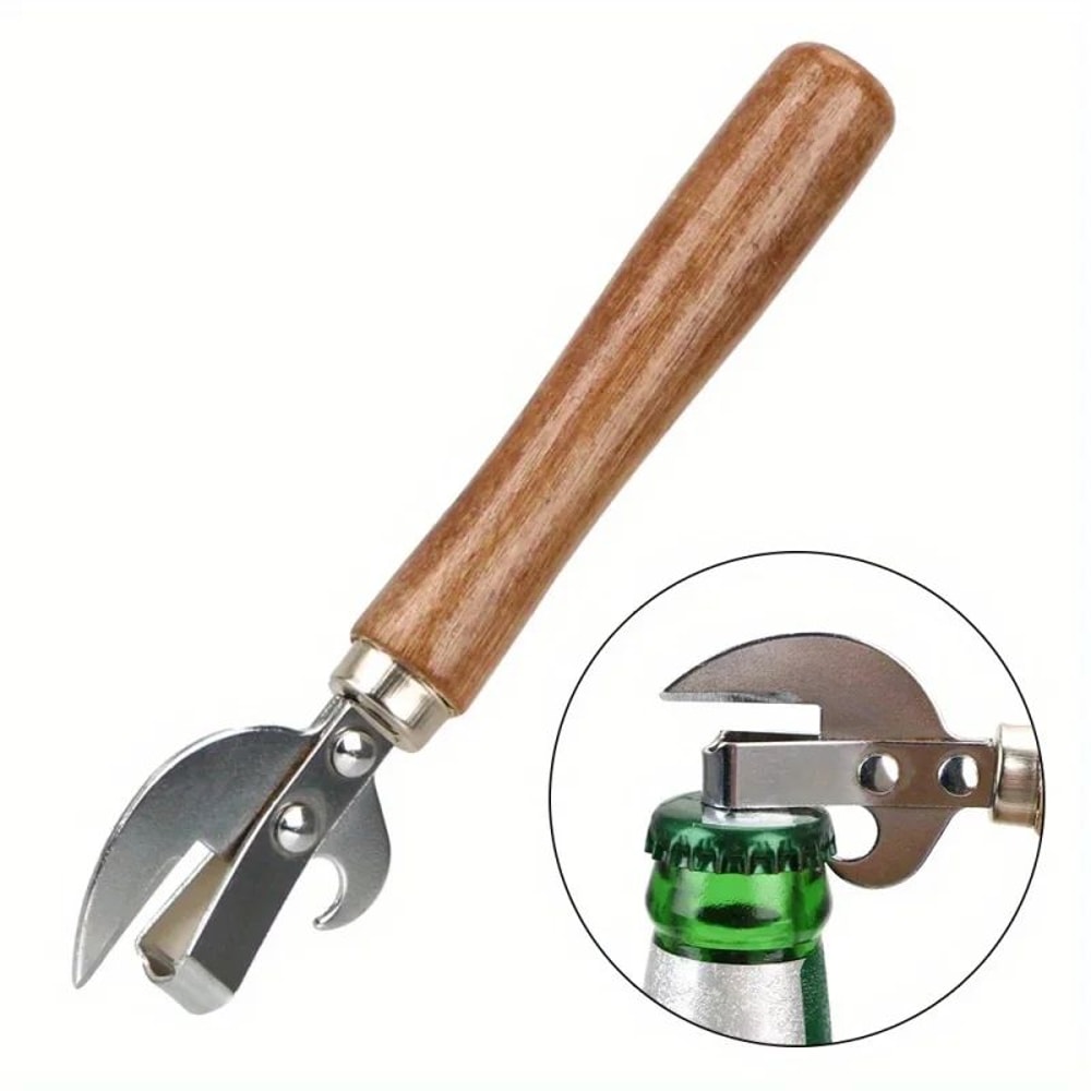 Easy Grip Manual Can Opener Wooden Handle Safe Smooth Cut Jar Bottle Opener Heavy Duty Kitchen Too 2