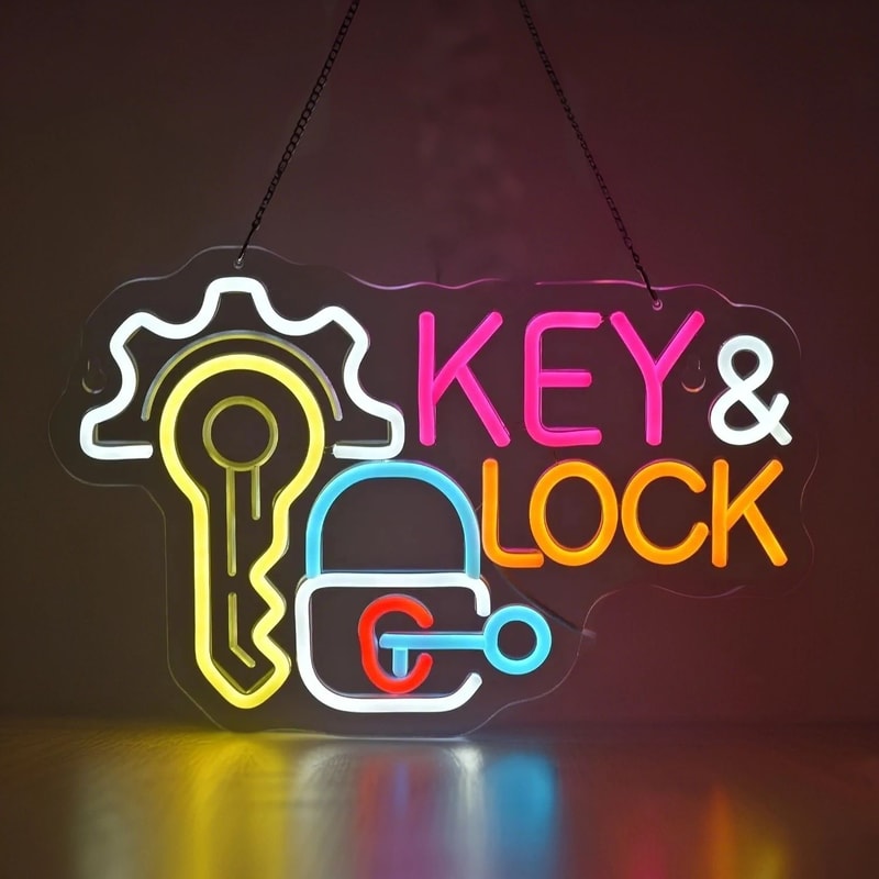 Key Lock LED Neon Sign Hanging Wall Light Decor For Locksmith Shop Security Store Car Dealership 0