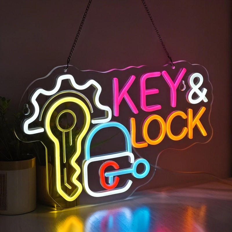 Key Lock LED Neon Sign Hanging Wall Light Decor For Locksmith Shop Security Store Car Dealership 1