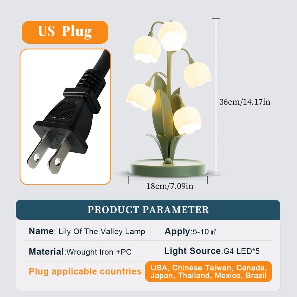 Vintage Floral Lily Table Lamp With 5 Lights US Plug G4 LED Nightstand Lamp For Bedroom Living Room 3