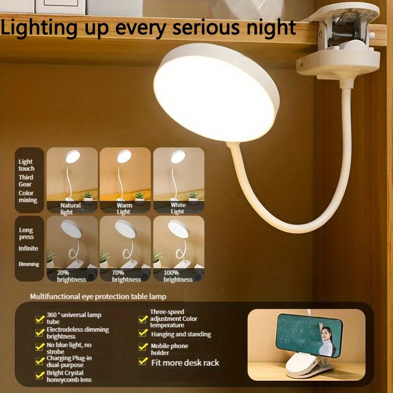 USB Rechargeable ClipOn LED Desk Lamp 3 Color Temperatures Dimmable Reading Light For Study Office 8