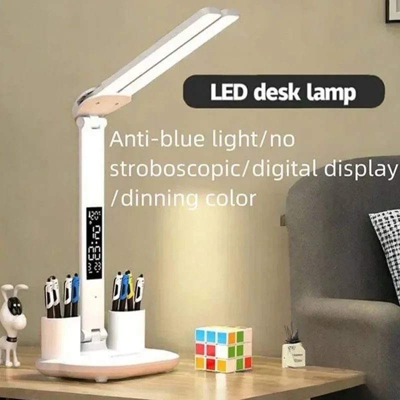 LED Desk Lamp With Clock Calendar Temperature USB Touch Dimmable Foldable Table Light Night Lamp Fo 0
