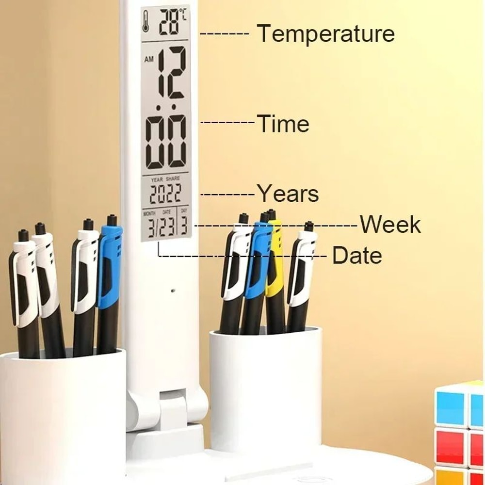 LED Desk Lamp With Clock Calendar Temperature USB Touch Dimmable Foldable Table Light Night Lamp Fo 2