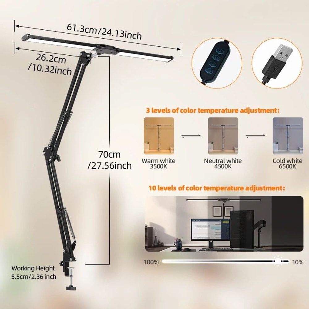 Double Head LED Desk Lamp USB Powered Stepless Dimmable Monitor Light For Office Study Reading Comp 8
