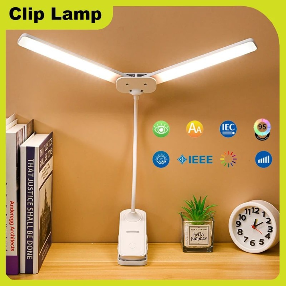 Dual Head USBC Rechargeable LED Desk Lamp Foldable EyeCare Dimmable Reading Light For Bedroom Dorm 0