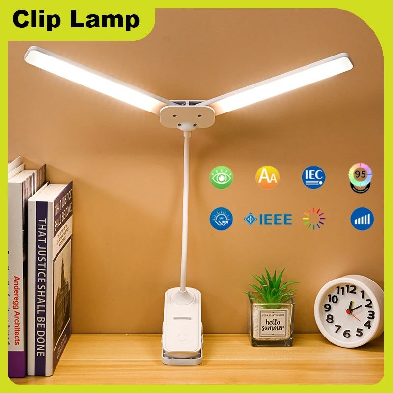 Dual Head USBC Rechargeable LED Desk Lamp Foldable EyeCare Dimmable Reading Light For Bedroom Dorm 0