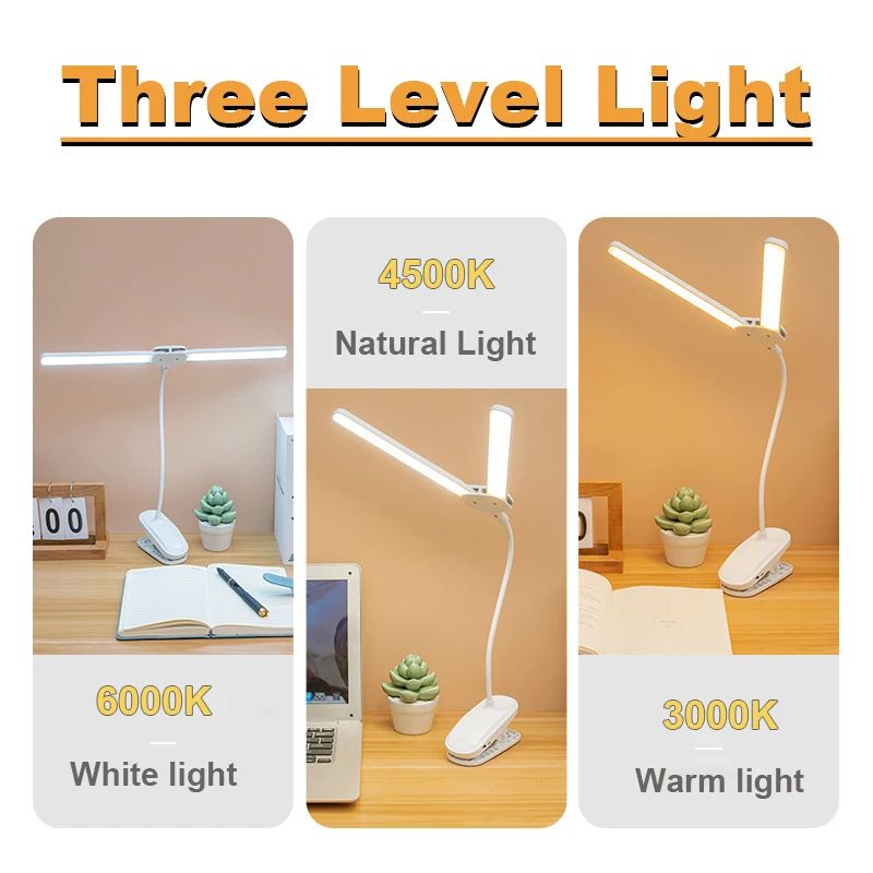 Dual Head USBC Rechargeable LED Desk Lamp Foldable EyeCare Dimmable Reading Light For Bedroom Dorm 2