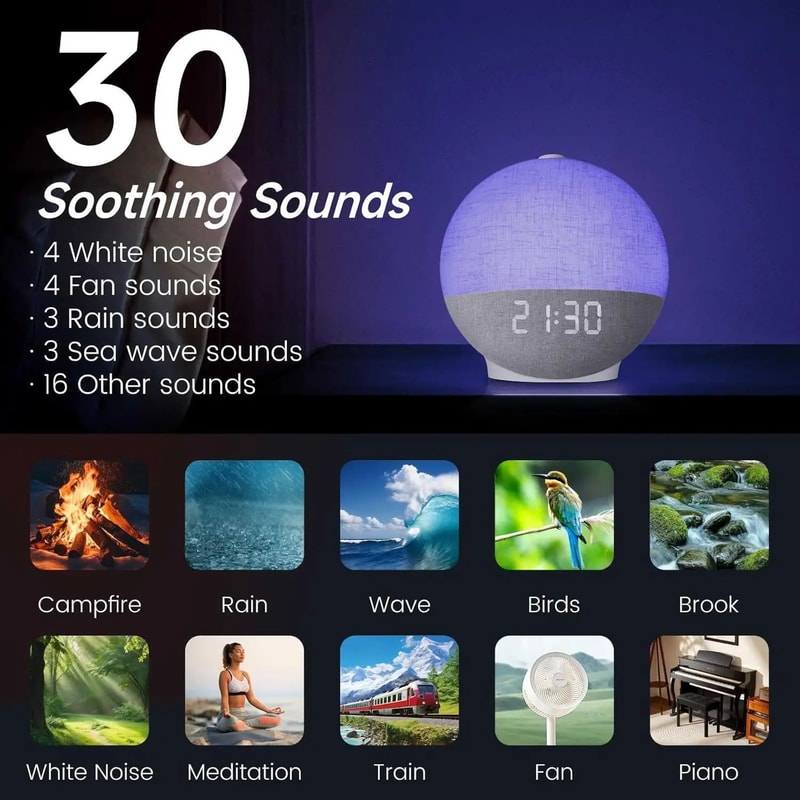 Sunrise Alarm Clock Wake Up Light White Noise Sound Machine 30 Sleep Sounds Bluetooth Speaker Night 10