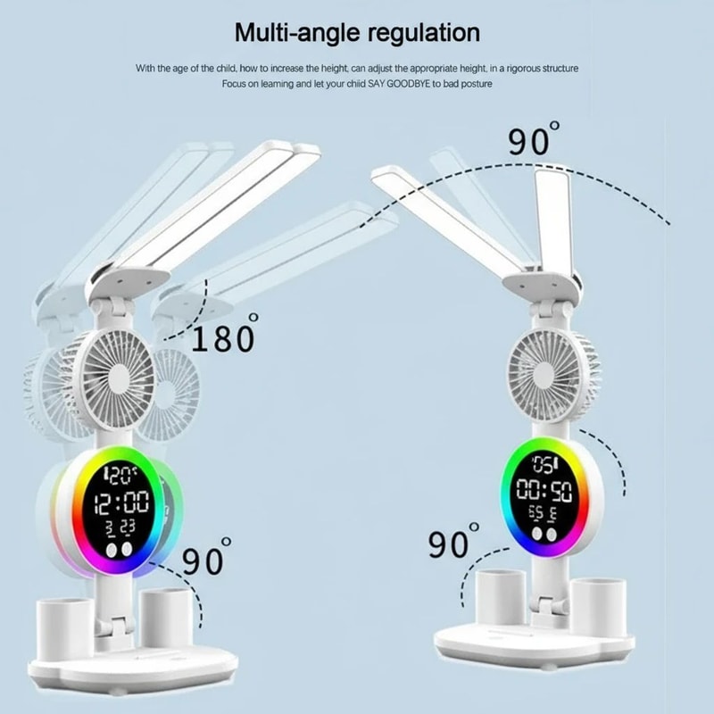 LED Desk Lamp With Fan Clock Display Adjustable Brightness Reading Light For Study Night Light For 1