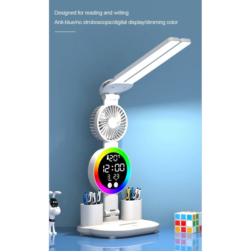 LED Desk Lamp With Fan Clock Display Adjustable Brightness Reading Light For Study Night Light For 6