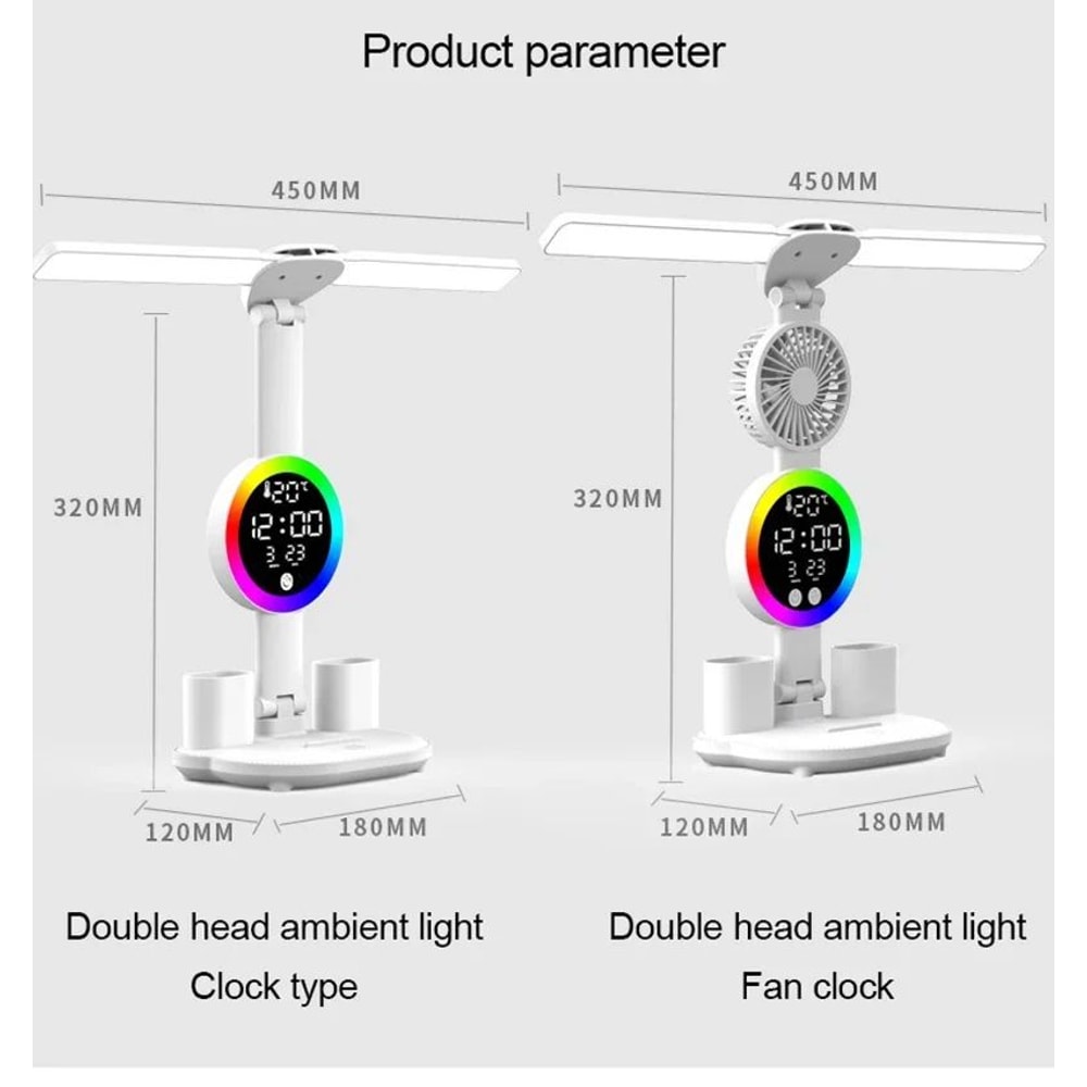 LED Desk Lamp With Fan Clock Display Adjustable Brightness Reading Light For Study Night Light For 15