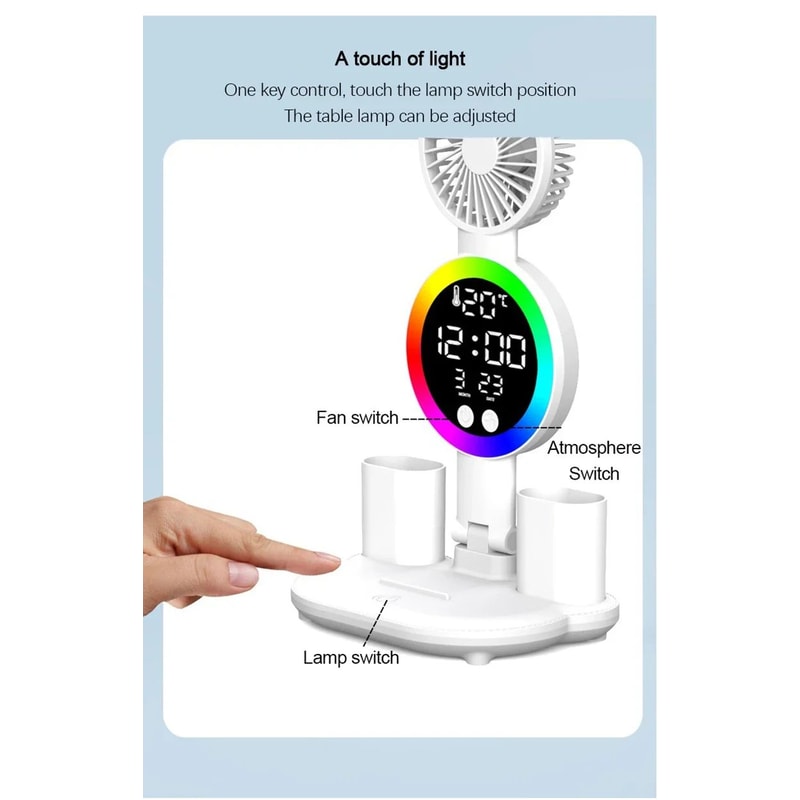 LED Desk Lamp With Fan Clock Display Adjustable Brightness Reading Light For Study Night Light For 11