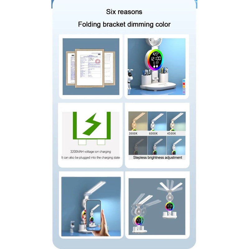 LED Desk Lamp With Fan Clock Display Adjustable Brightness Reading Light For Study Night Light For 12