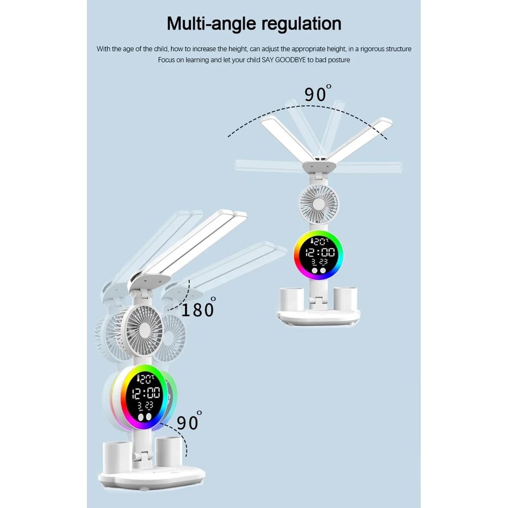 LED Desk Lamp With Fan Clock Display Adjustable Brightness Reading Light For Study Night Light For 13