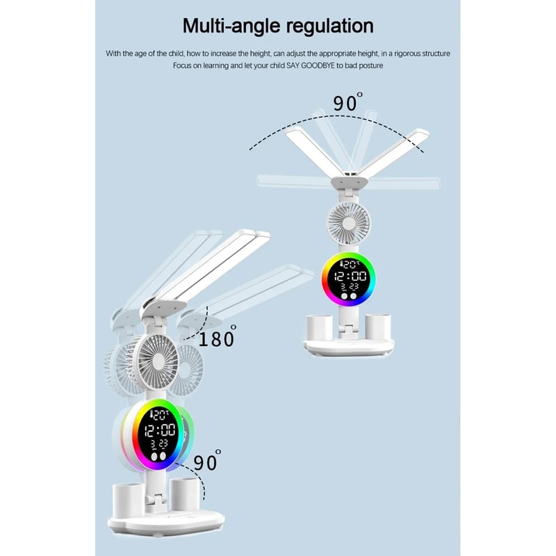 LED Desk Lamp With Fan Clock Display Adjustable Brightness Reading Light For Study Night Light For 13