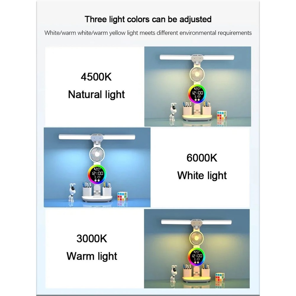 LED Desk Lamp With Fan Clock Display Adjustable Brightness Reading Light For Study Night Light For 14