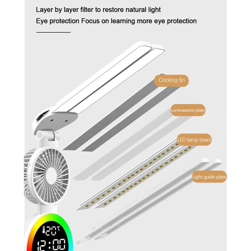 LED Desk Lamp With Fan Clock Display Adjustable Brightness Reading Light For Study Night Light For 16